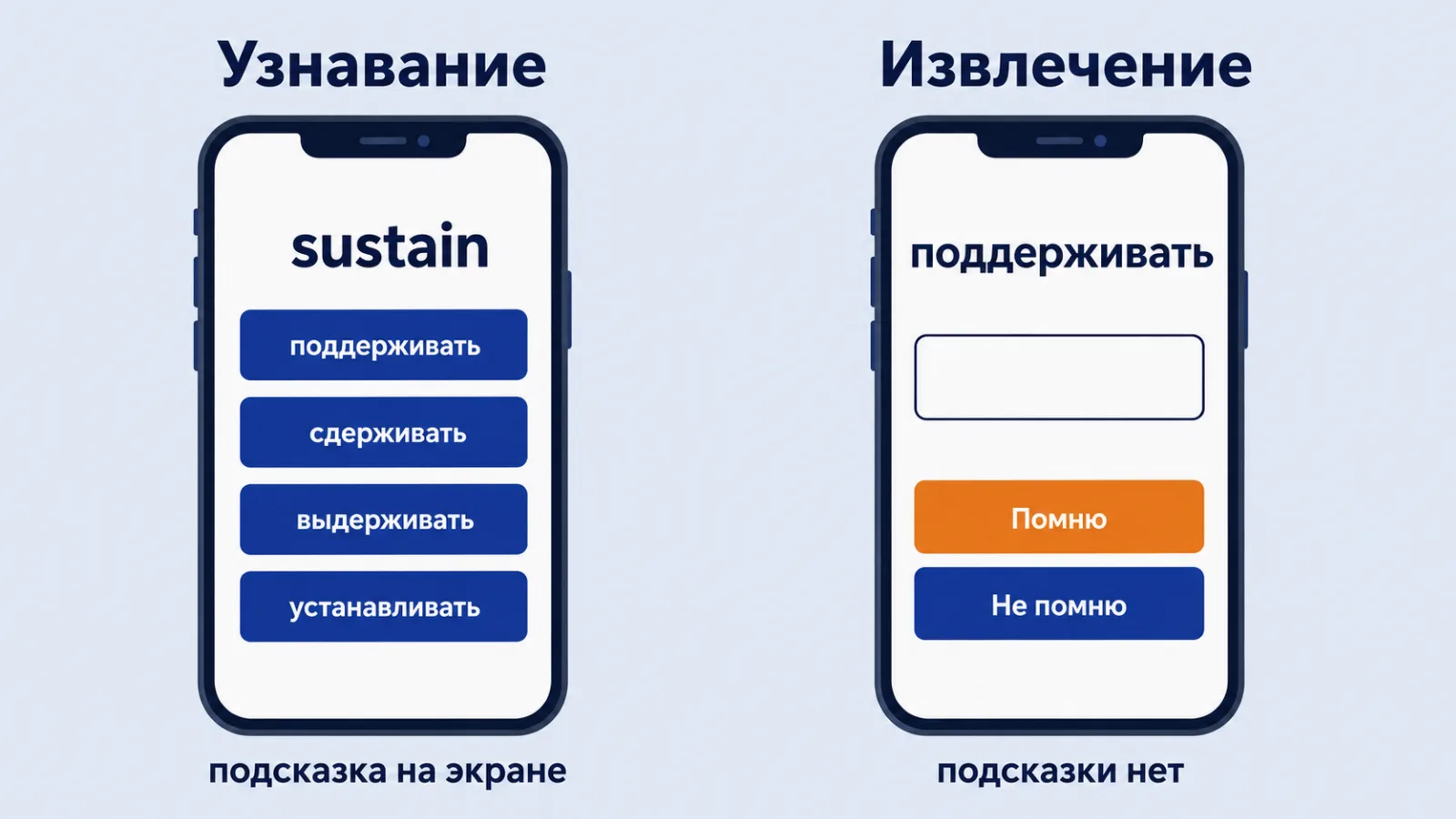 Выбор перевода против вспоминания без подсказки