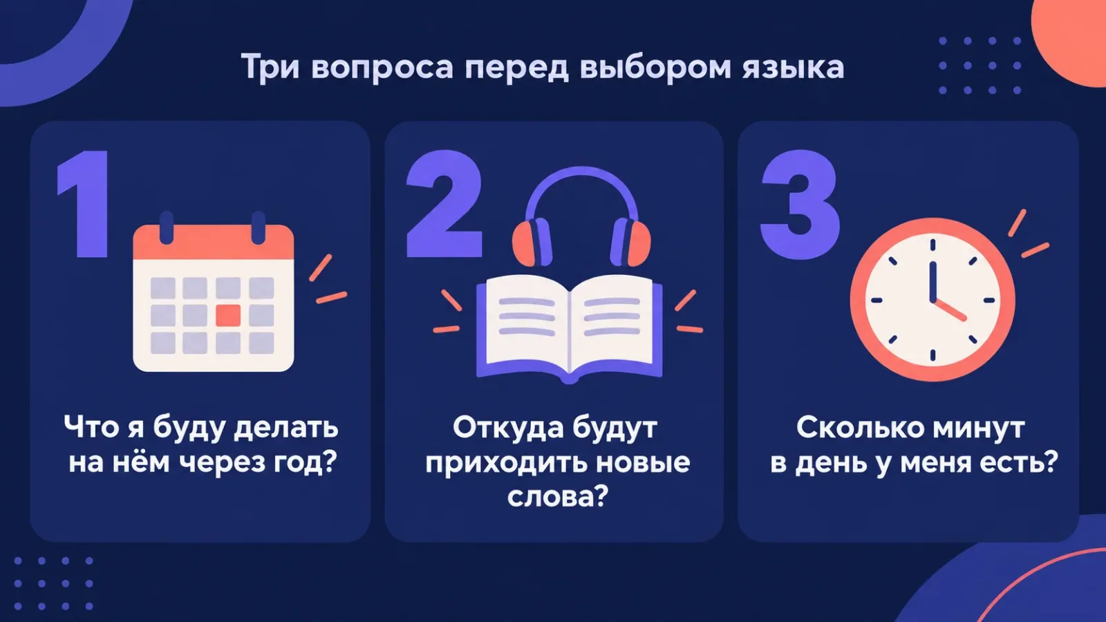 Три вопроса перед выбором языка: что делать на нём через год, откуда брать слова, сколько минут в день есть