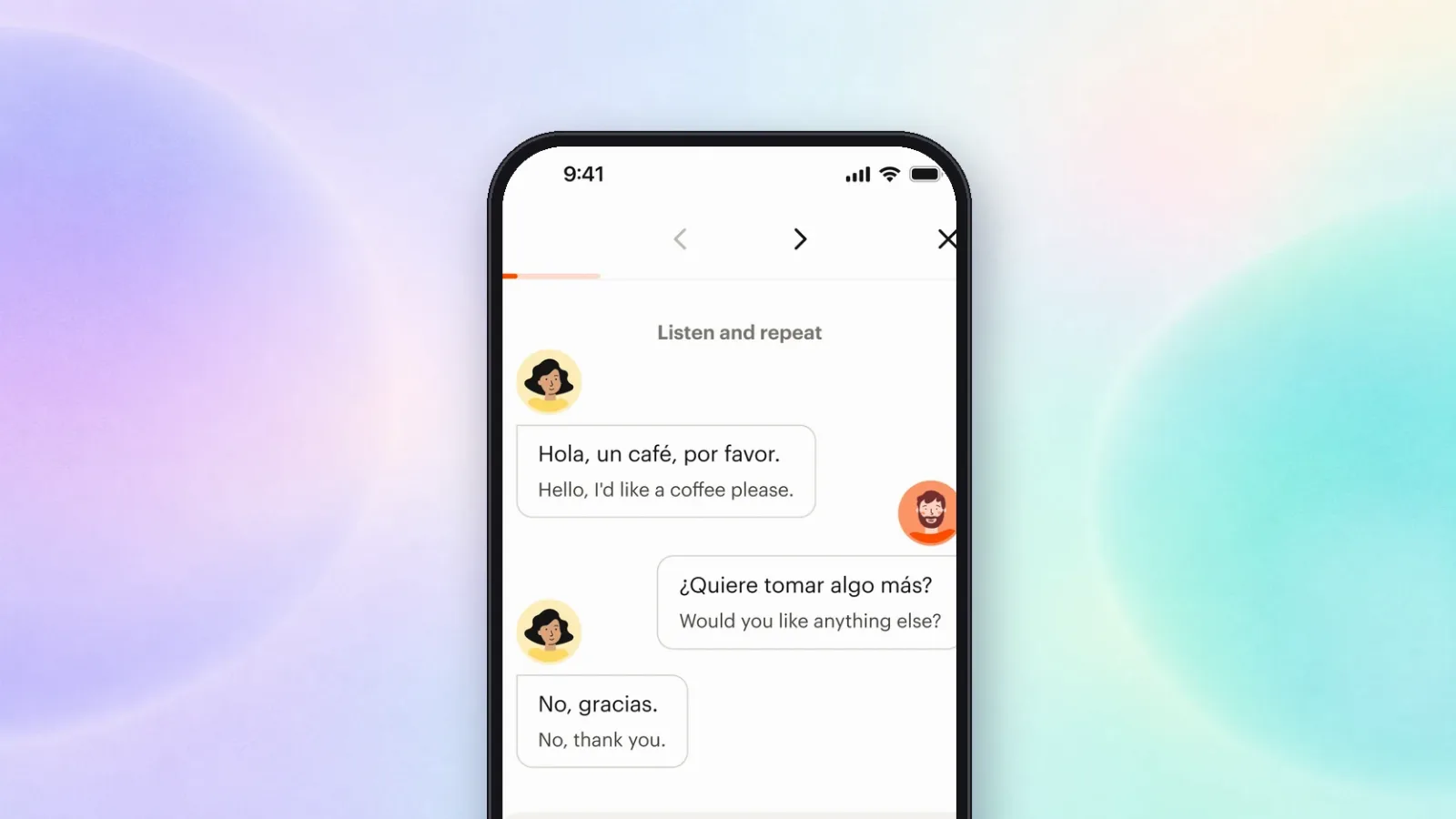 Babbel: диалог «послушай и повтори» на испанском, скриншот из App Store