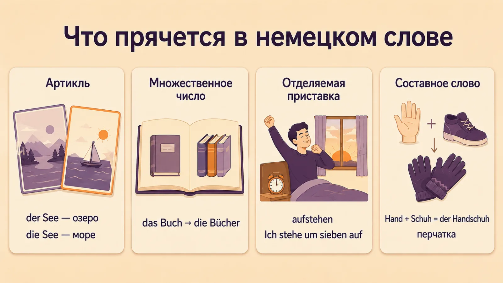 Что прячется в немецком слове: артикль, множественное число, отделяемая приставка, составное слово