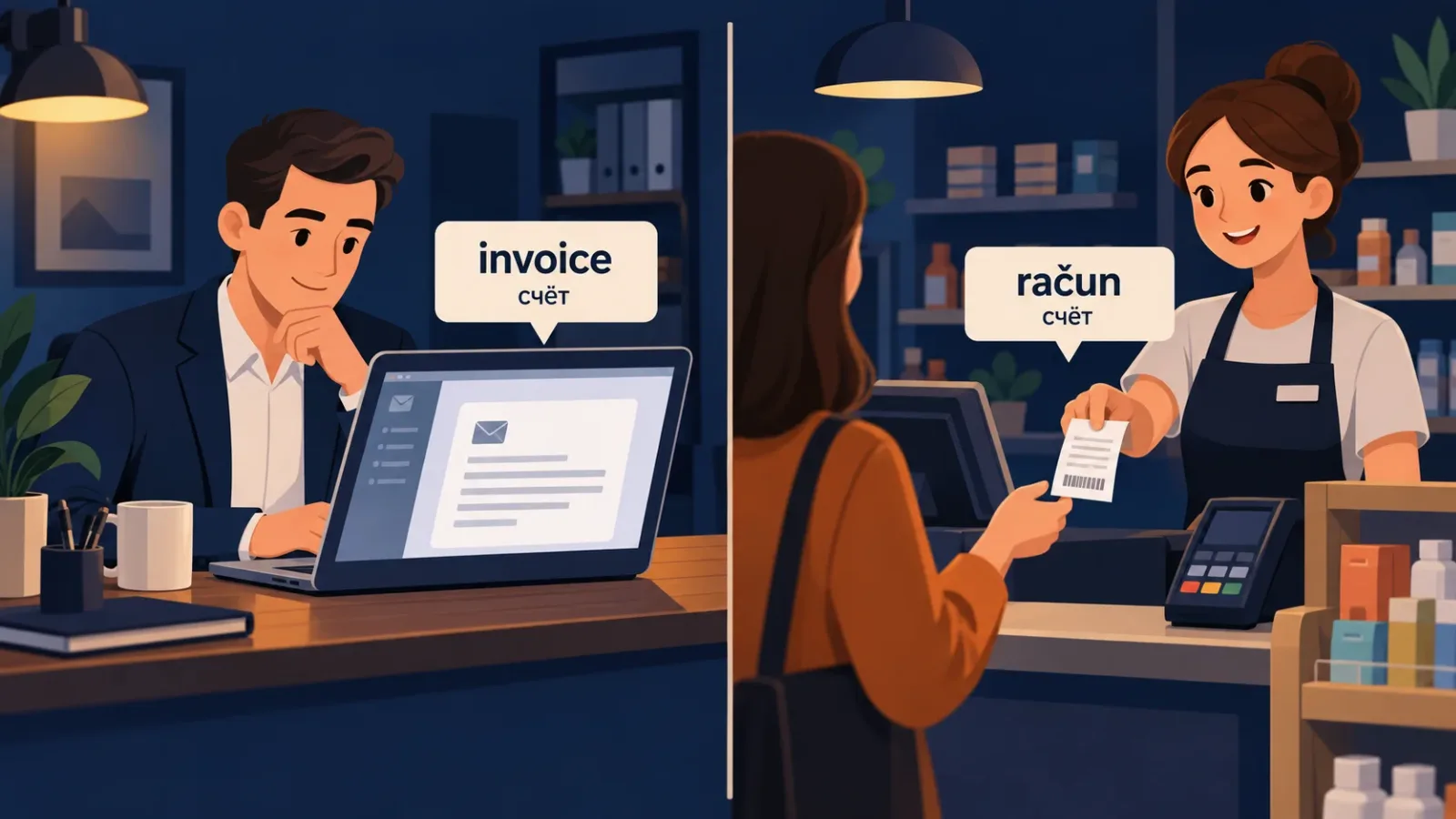 Слова из разных ситуаций не путаются: invoice в офисе, račun у кассы