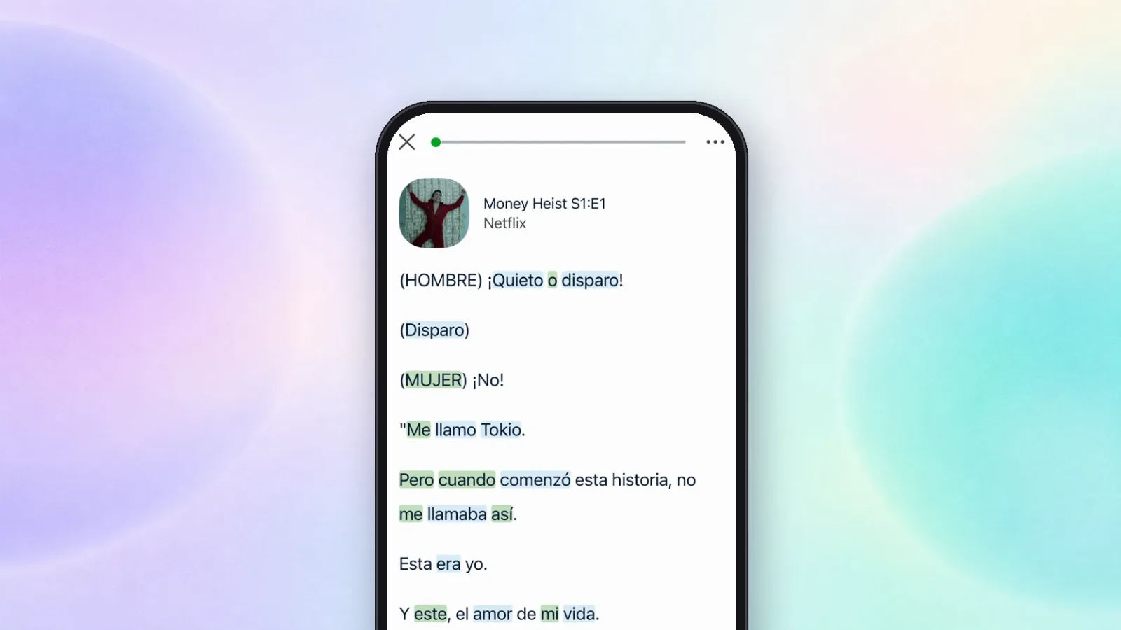LingQ: текст серии на испанском с подсвеченными словами для изучения
