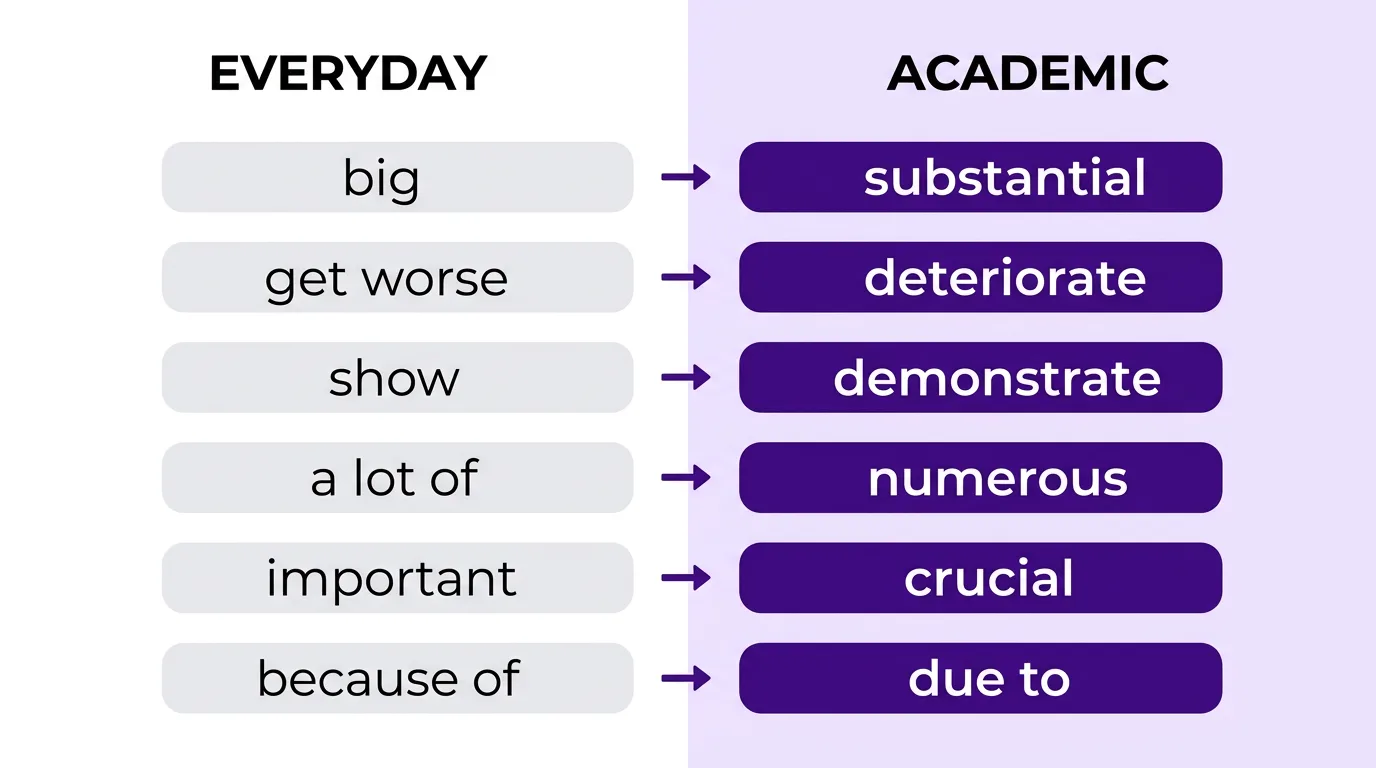 Таблица: обиходное слово и его академический эквивалент — big/substantial, get worse/deteriorate, show/demonstrate