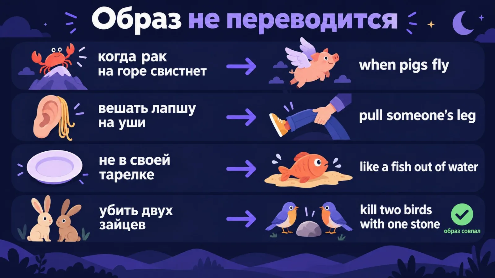 Русские идиомы и их английские эквиваленты с другим образом