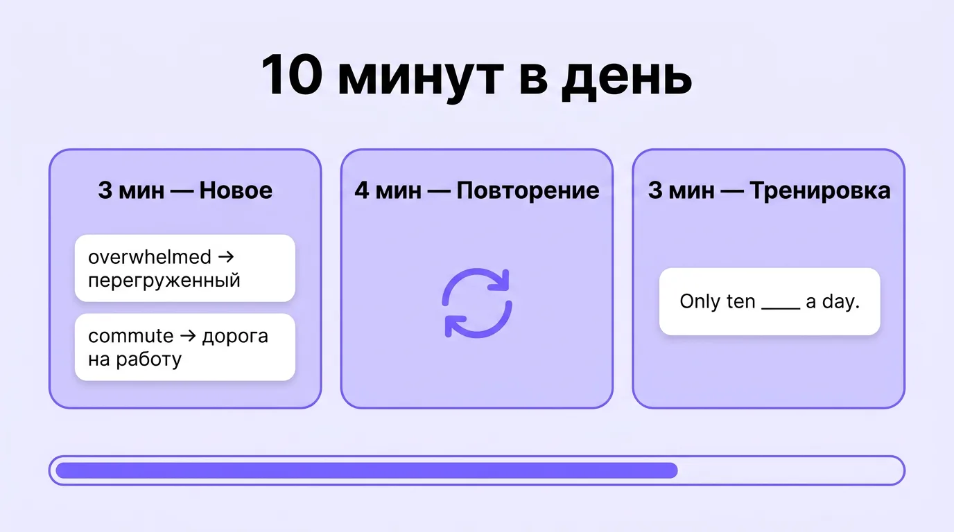 Как разбить 10 минут: 3 минуты новое, 4 минуты повторение, 3 минуты тренировка
