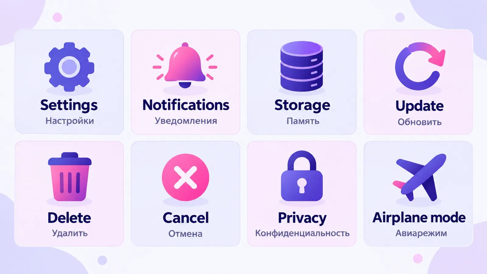 Частые слова интерфейса телефона с переводом