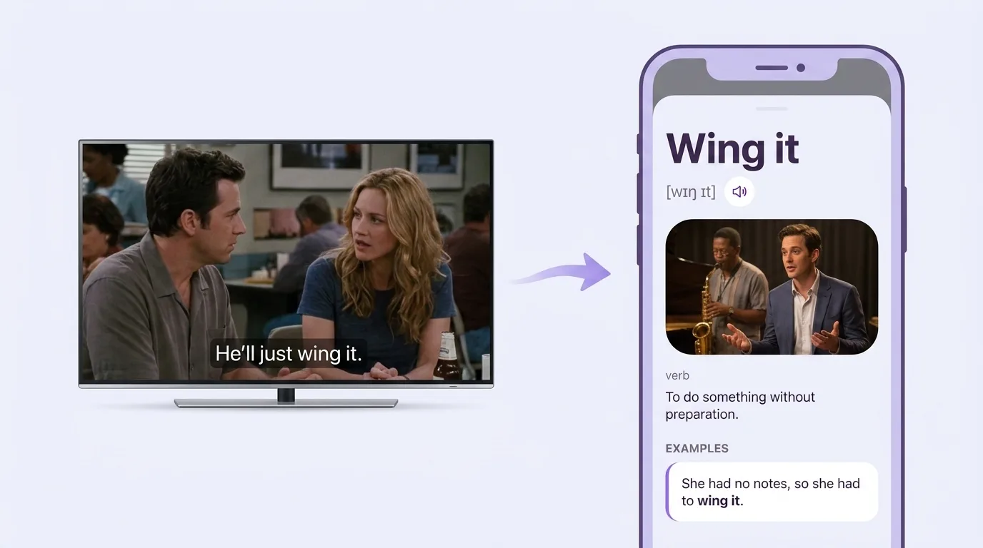 Фраза из сериала на экране телевизора и карточка слова wing it в приложении VibeLing