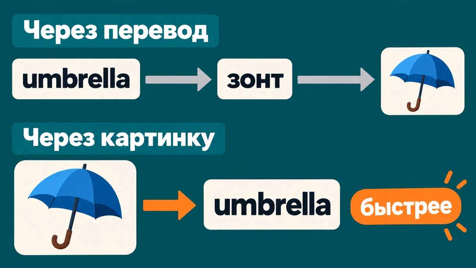 Слово через перевод и через картинку: umbrella