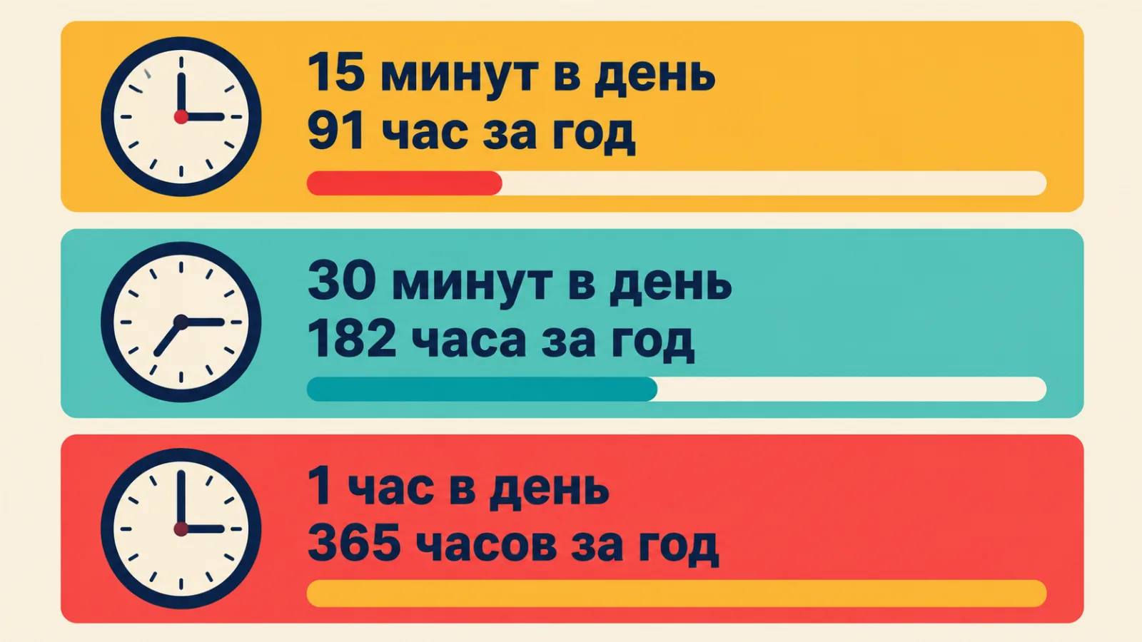 Сколько часов в год набирается при 15, 30 и 60 минутах занятий в день