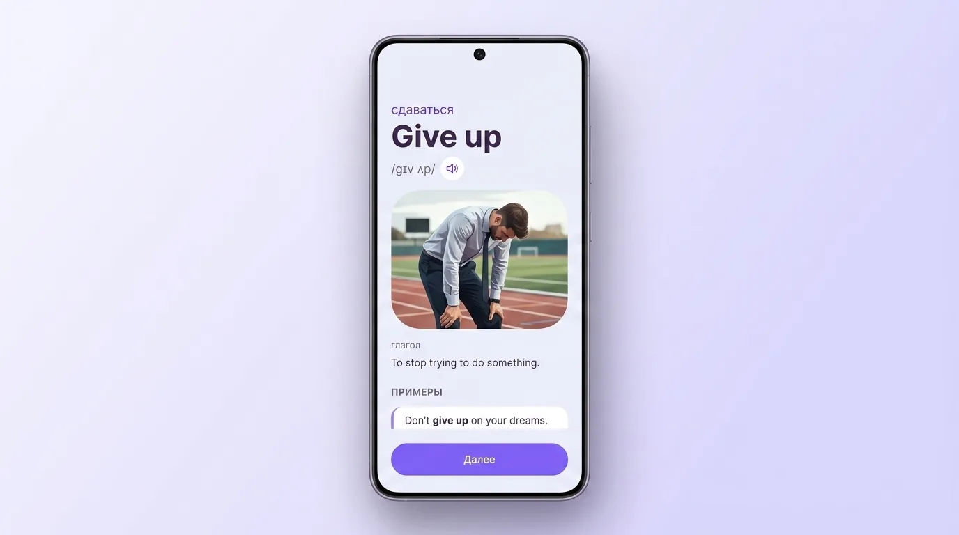 Карточка фразового глагола give up в VibeLing: перевод, транскрипция, озвучка и пример