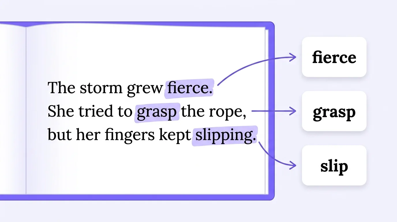 Предложение из книги с выделенными словами и карточки fierce, grasp, slip
